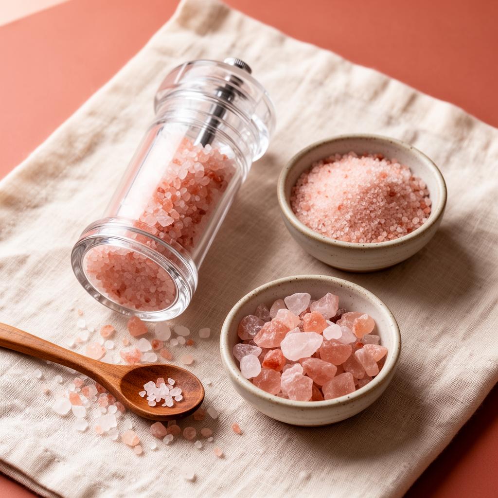 Rosalta refillable pink salt grinder beside a coarse pink salt refill pouch