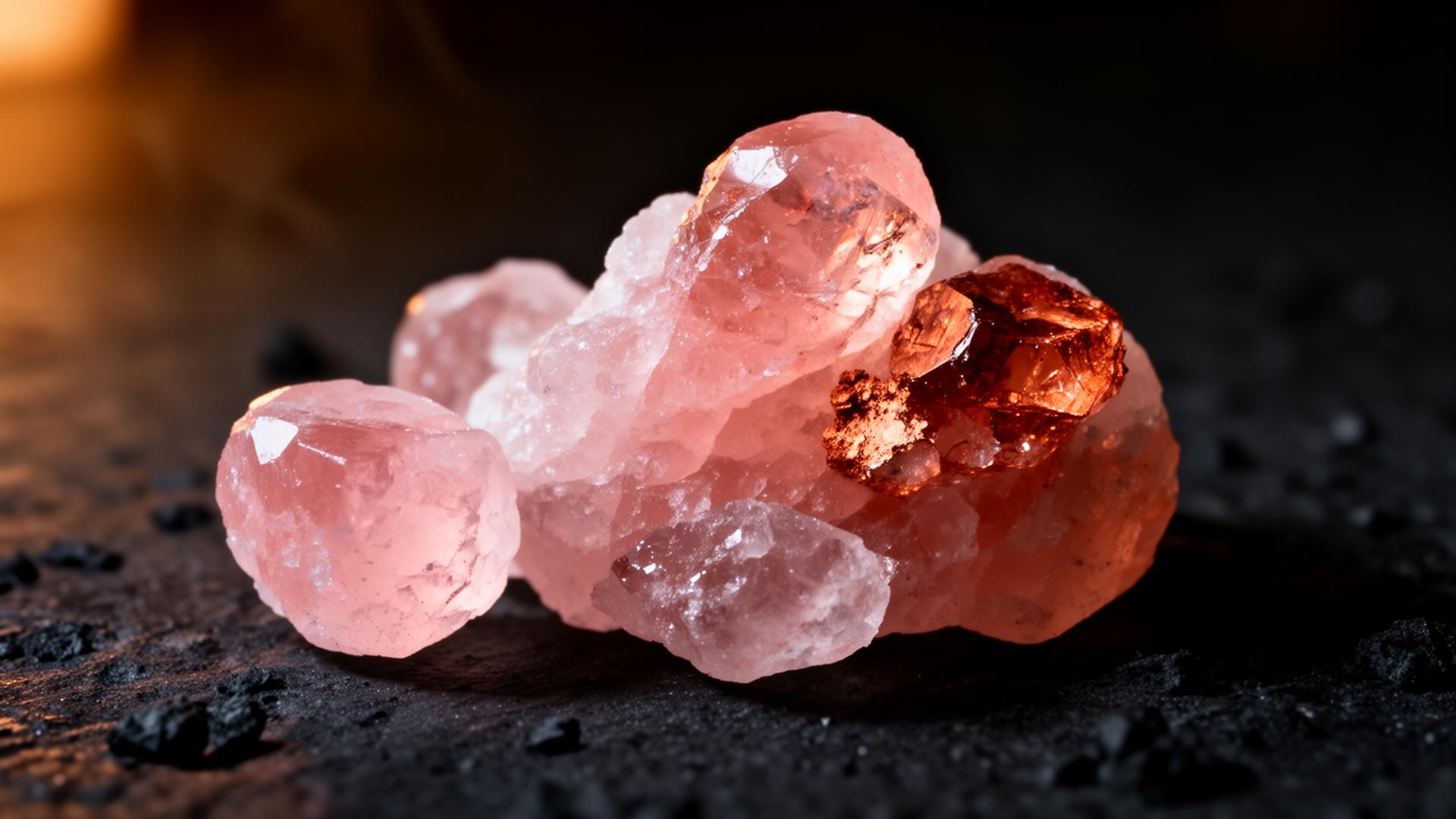Macro photograph of Rosalta pink Himalayan salt crystals